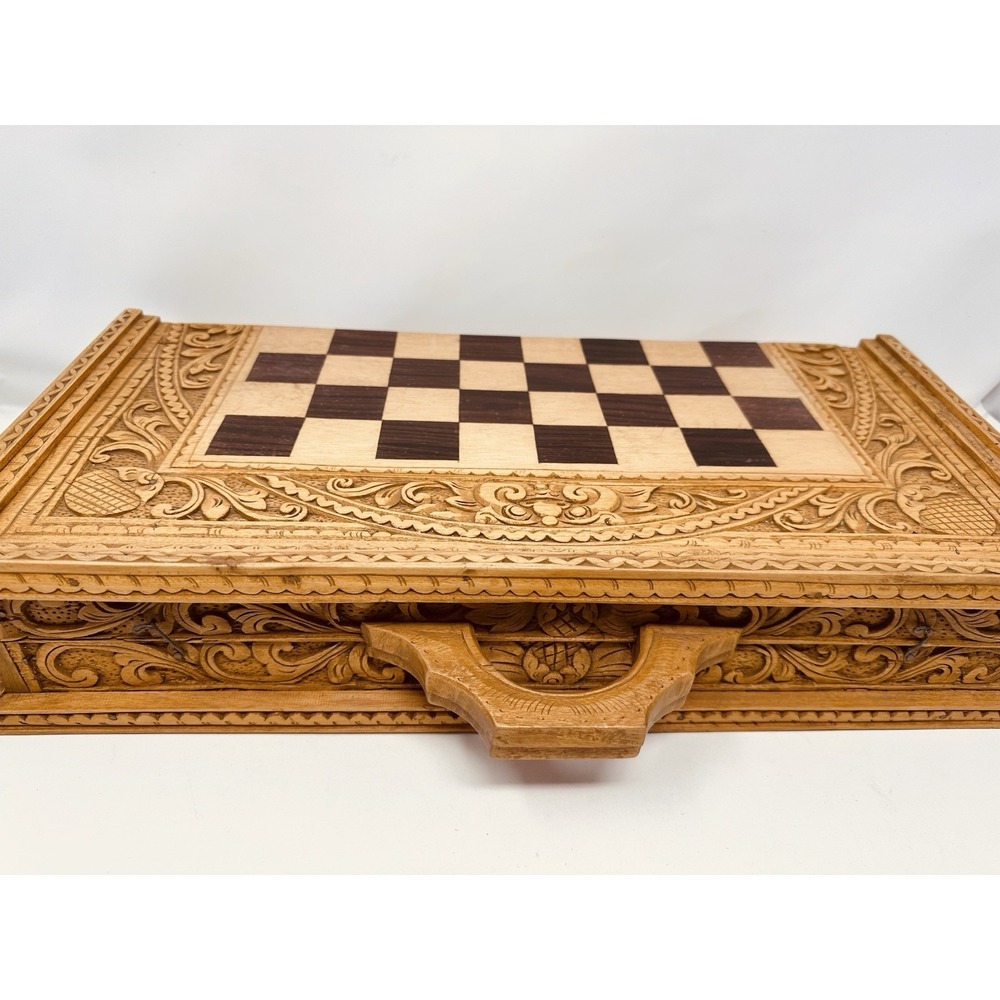 VTG Hand Carved Wooden Chess Table Balinese Folding Board Vintage No Pieces